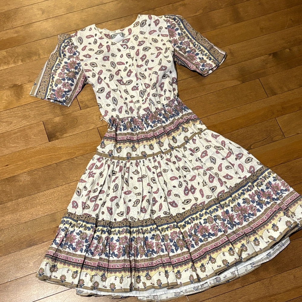 Vintage Cream Dress with Pink Paisley and Muted Blue Accents and Full Skirt
